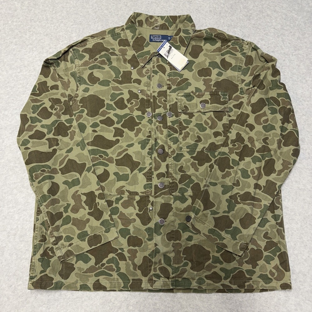 Polo Ralph Lauren Shirt Men 2XL Green Camo Herringbone Canvas Button Up Military